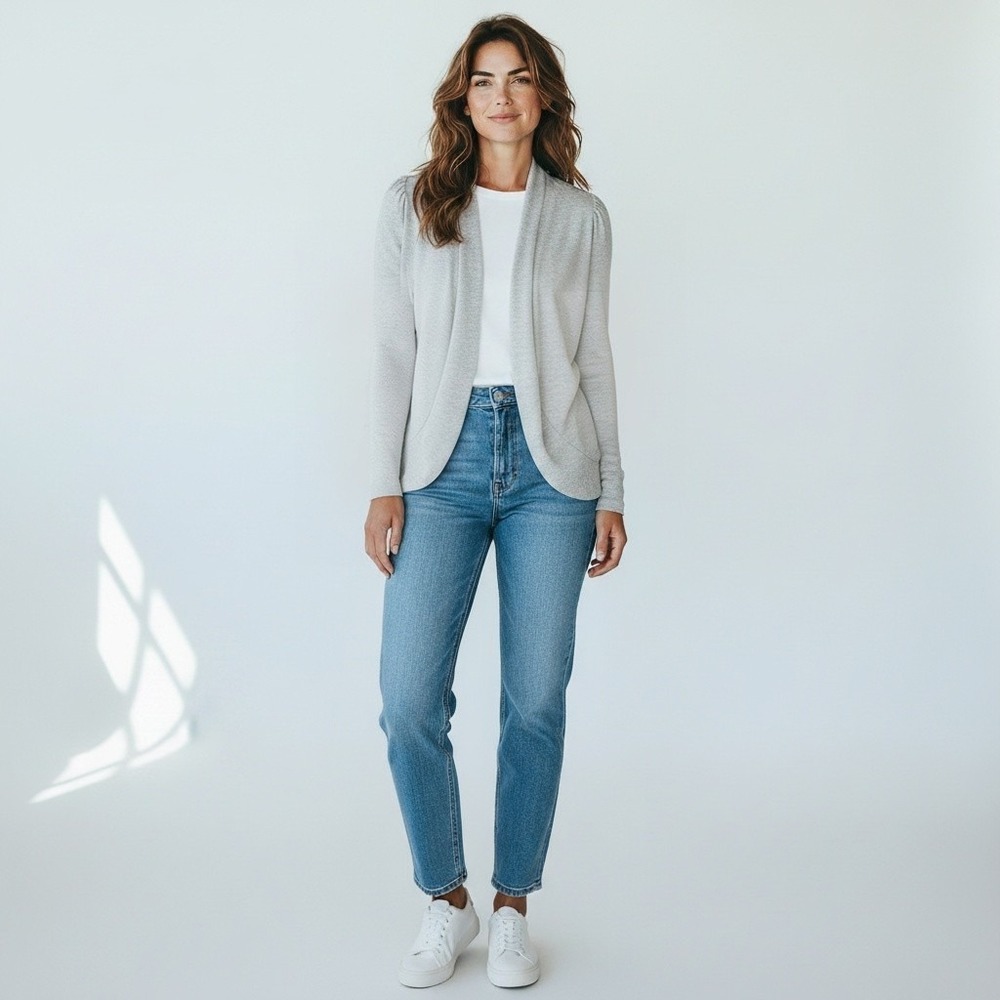 Gray Open Front Draped Cardigan Minimalist classic old money Quiet Luxury casual